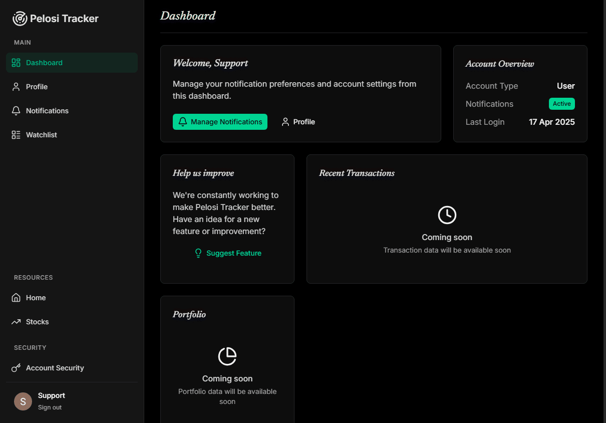 Pelosi Stock Tracker dashboard with personalised user watch‑list and notification cards