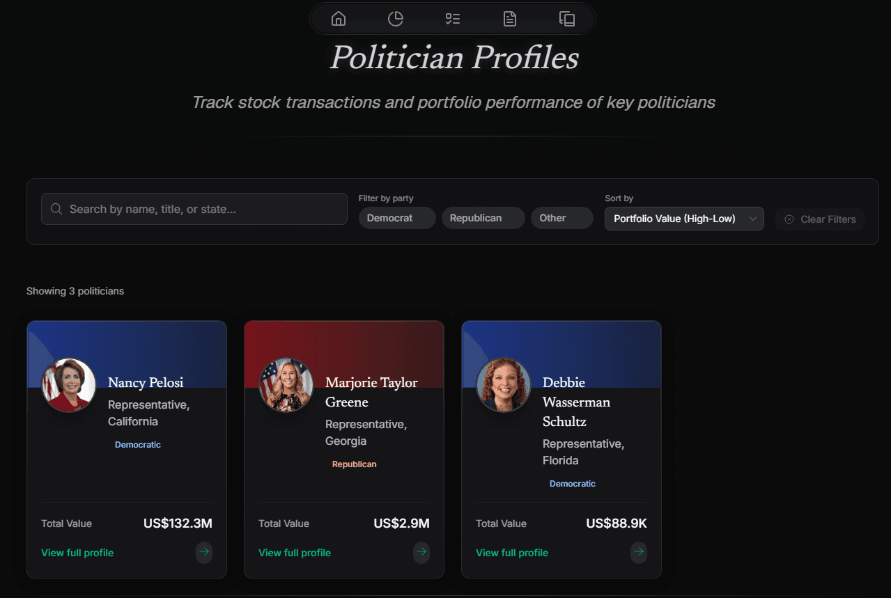 PelosiTracker politicians index page with search filters and comprehensive politician grid