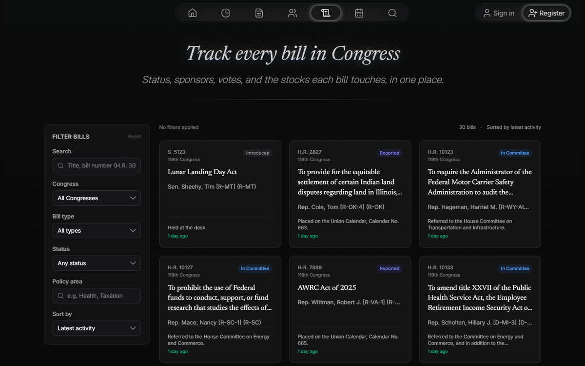 Pelosi Tracker August 2026 update showing the bills and votes section, redesigned emails and Senate coverage