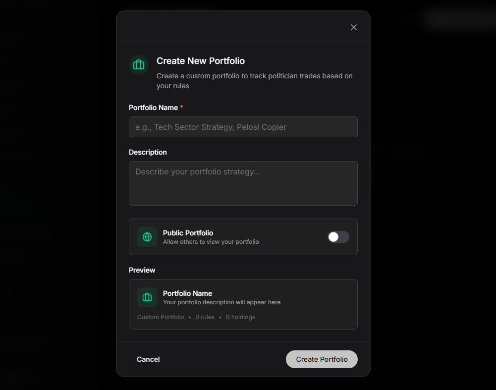 Interface for creating a new custom user portfolio strategy User portfolio creation screen showing strategy selection