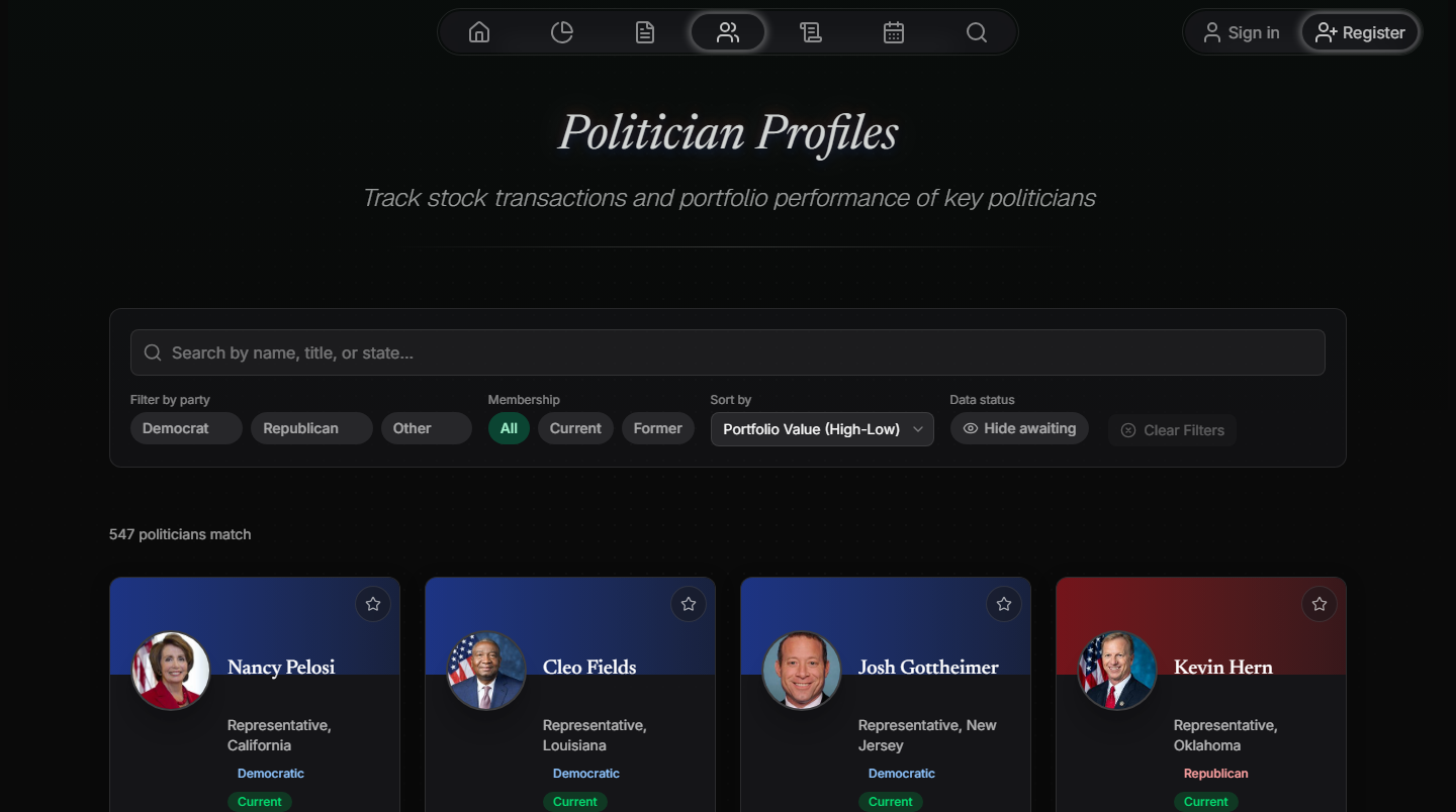 Pelosi Tracker politicians directory with search, party filters, and politician cards