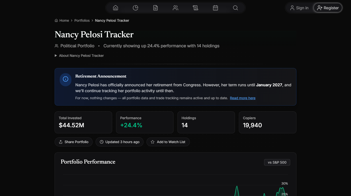 A live portfolio page is a trading strategy that follows disclosed trades, with our rules applied. Nancy Pelosi portfolio strategy showing performance, holdings count, and an S&P 500 comparison
