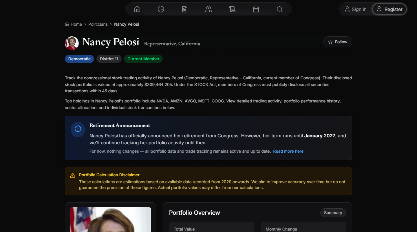 A politician profile shows recent trades. Estimated holdings appear on the same page when we have the data. Nancy Pelosi politician profile with recent trade context and an estimated portfolio overview