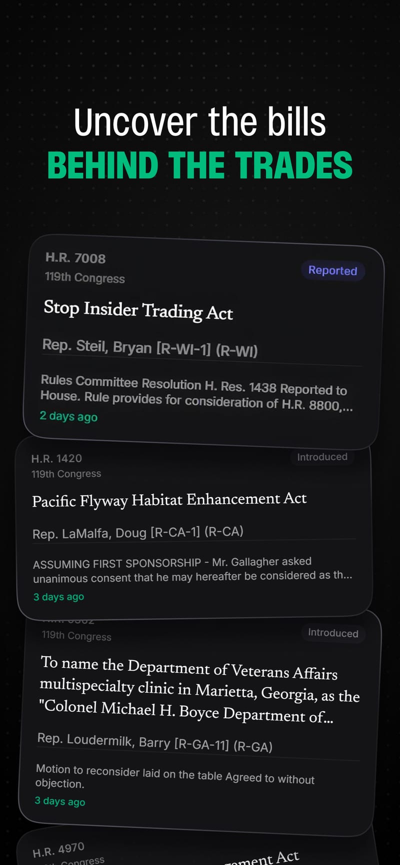 The bills list in the iPhone app, including the Stop Insider Trading Act