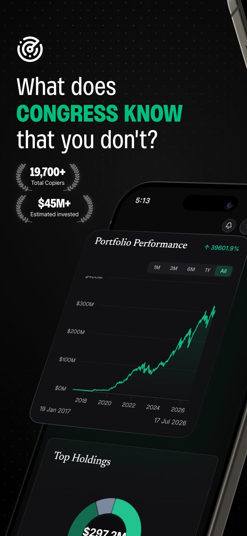 An iPhone showing a politician portfolio performance chart in the Pelosi Tracker app