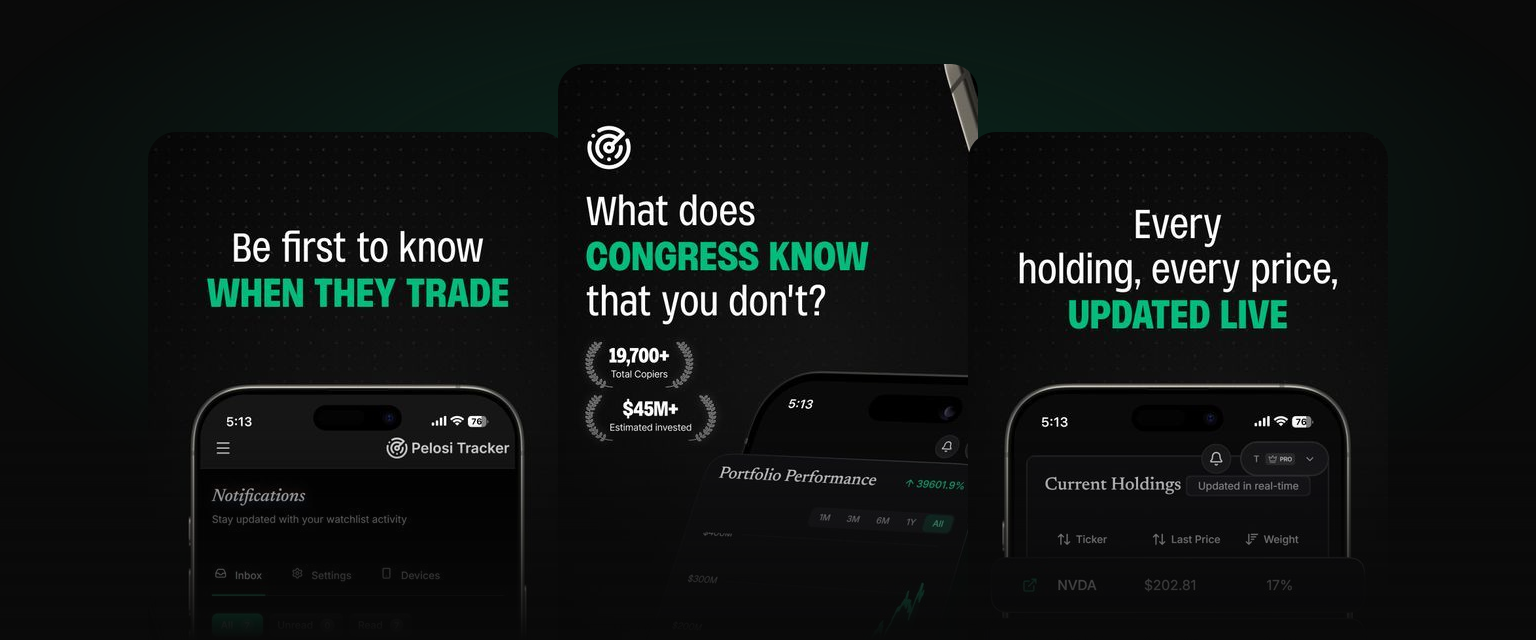 Three iPhone frames for the Pelosi Tracker app: the notifications inbox, a portfolio chart, and current holdings