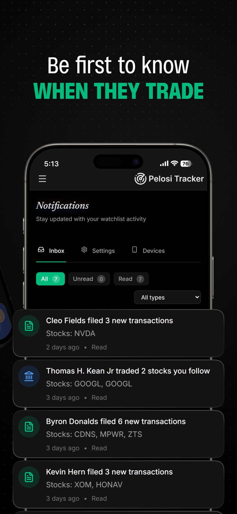 The notifications inbox listing new filing alerts