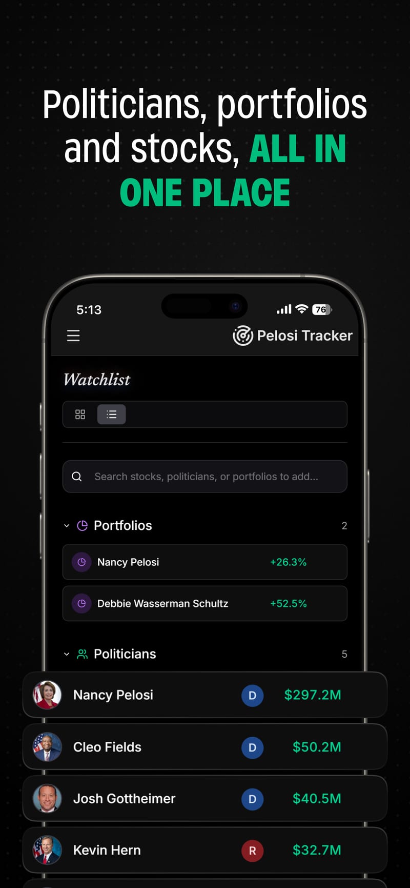 A watchlist combining politicians, portfolios and stocks