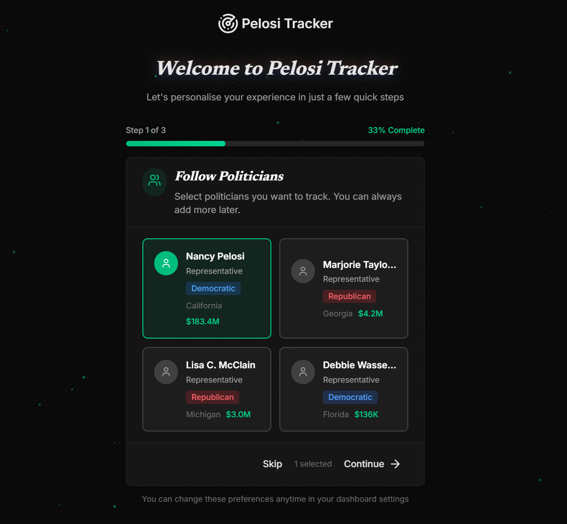 Three-step onboarding flow showing politician selection, portfolio subscriptions and notification preferences