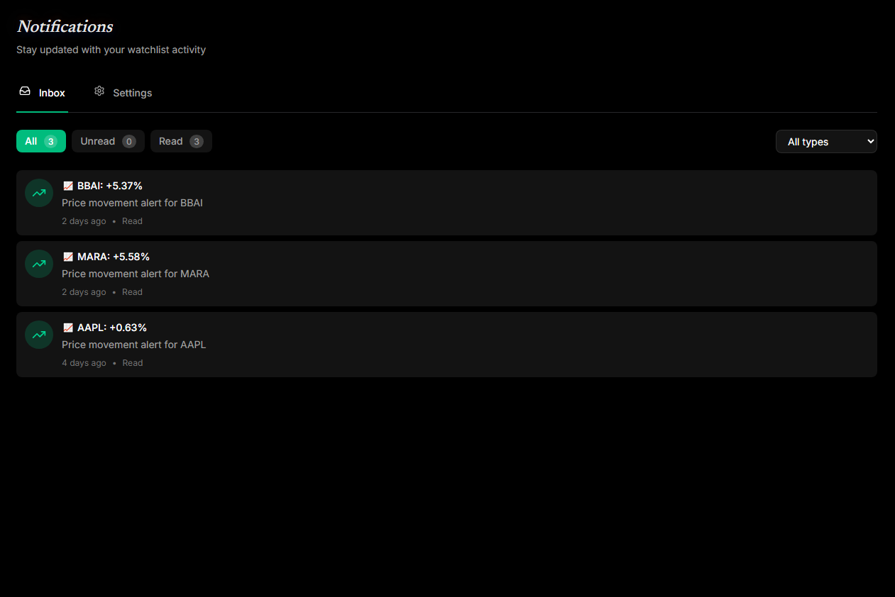 Pelosi Tracker in-app notifications inbox with filtering options