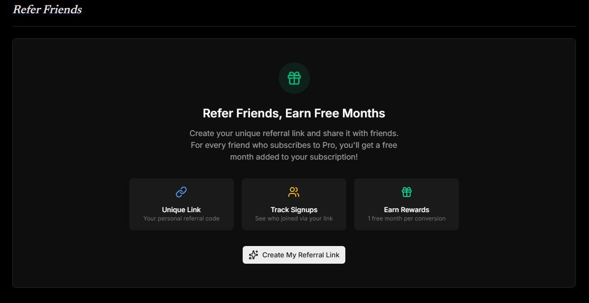 Refer a friend dashboard showing referral link, stats, and sharing options