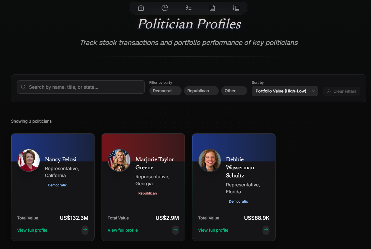 PelosiTracker politicians index page with search filters and comprehensive politician grid