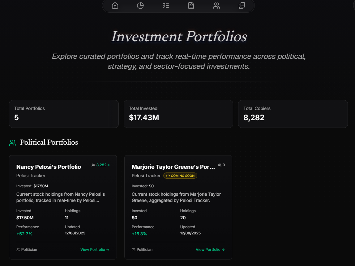 PelosiTracker portfolio overview showing dynamic performance and holdings