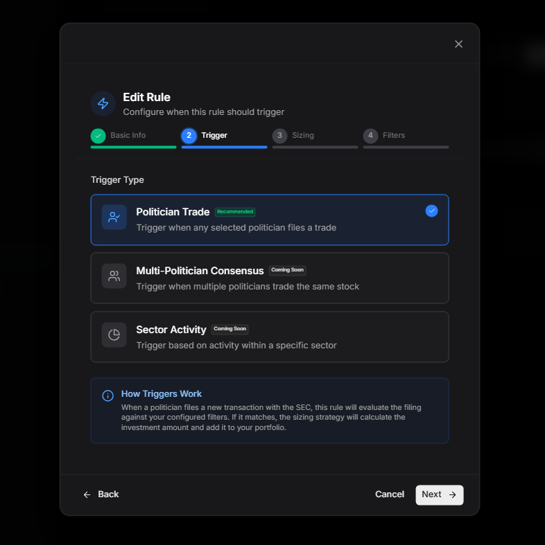 The new Rule Creator interface allowing detailed strategy configuration Rule creator interface showing politician selection and sector filters