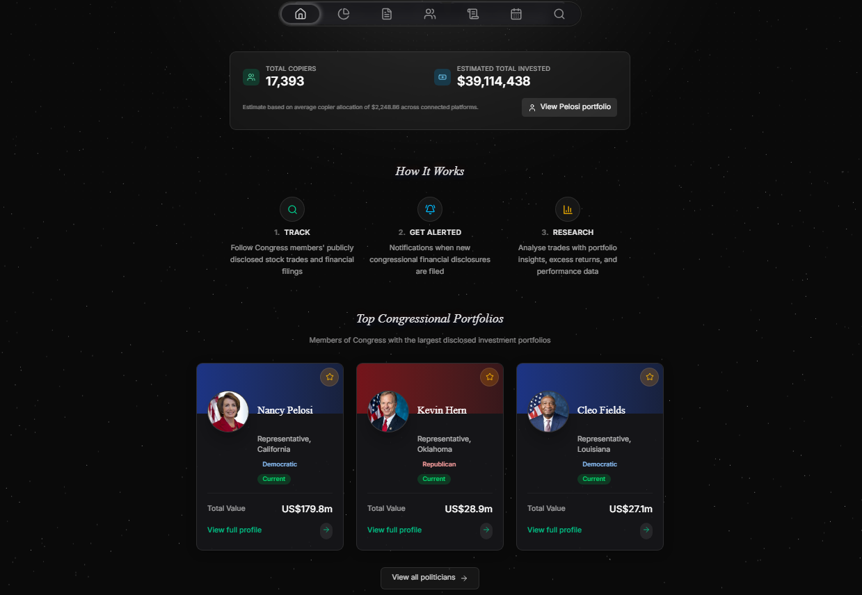 The refreshed Pelosi Tracker homepage
