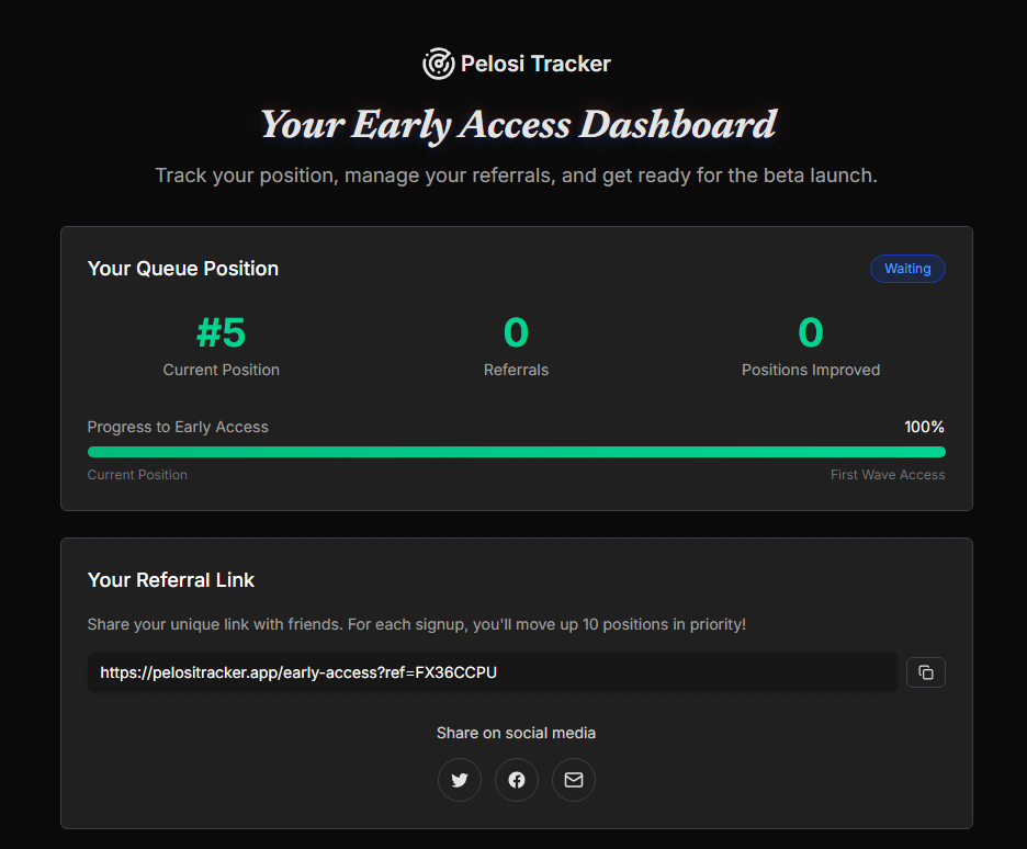 Early access queue position tracking with visual progress indicator PelosiTracker waitlist dashboard showing queue position and progress toward early access